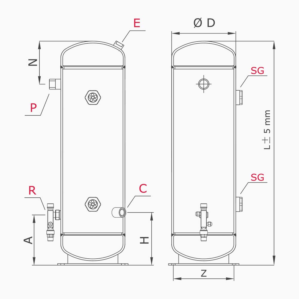 VERTICAL LIQUID RECEIVERS WITH VALVE AND SIGHT GLASSES